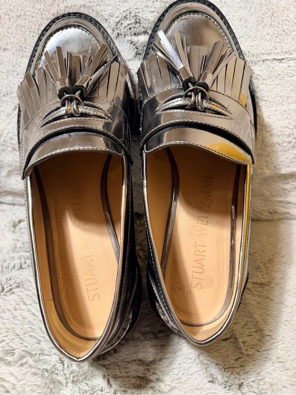 Stuart Weitzman Metallic Silver Tassel Fringe Loafers - Picture 2 of 6